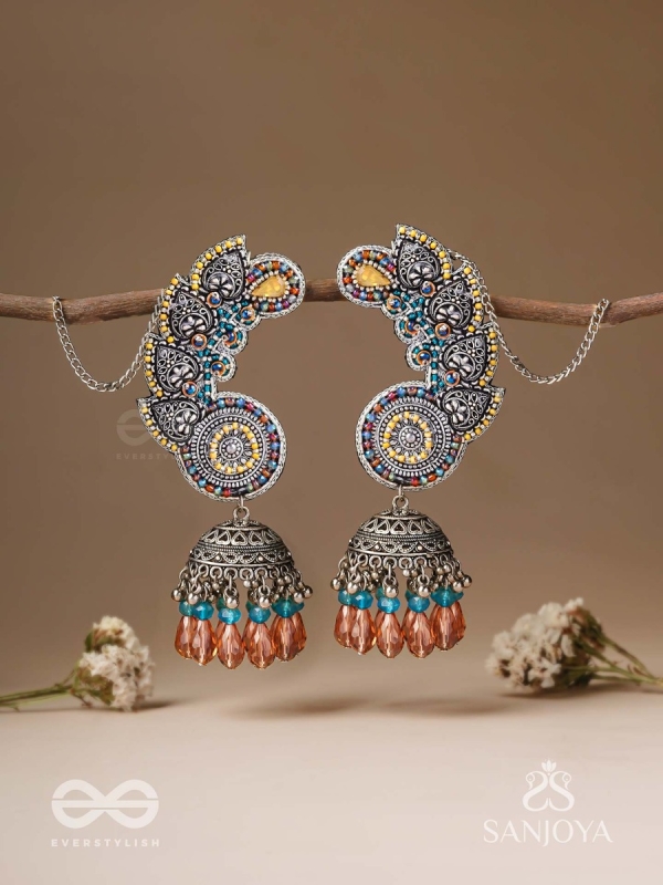 Kalaap- The Peacock's Tail- Beads And Glass Drops Hand Embroidered Oxidised Jhumka Earrings