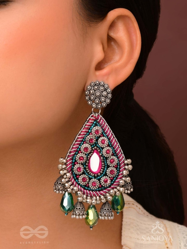 Abaddh - The Capricious Merries - Beads And Glass Drops Hand Embroidered Oxidised Earrings