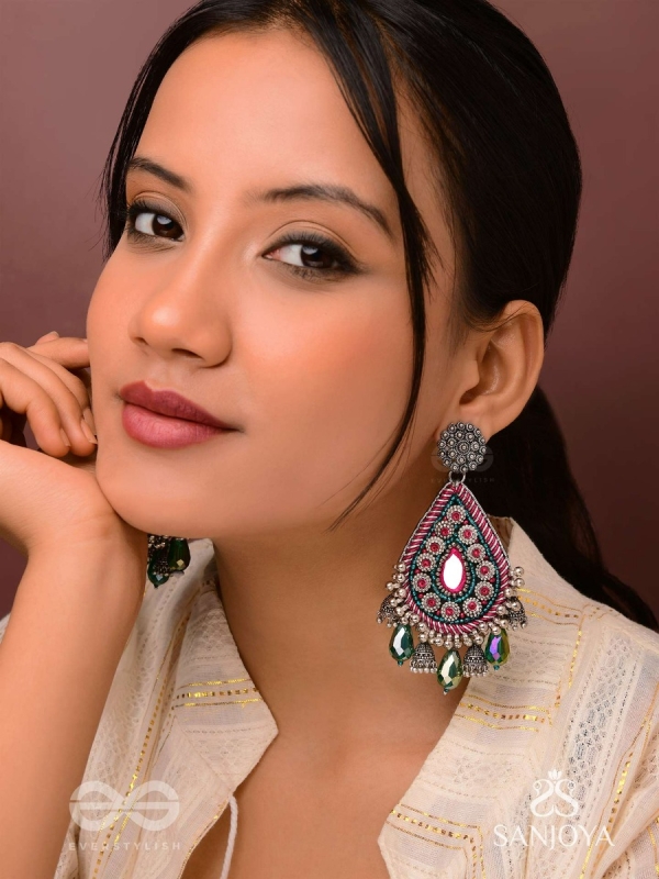 Abaddh - The Capricious Merries - Beads And Glass Drops Hand Embroidered Oxidised Earrings