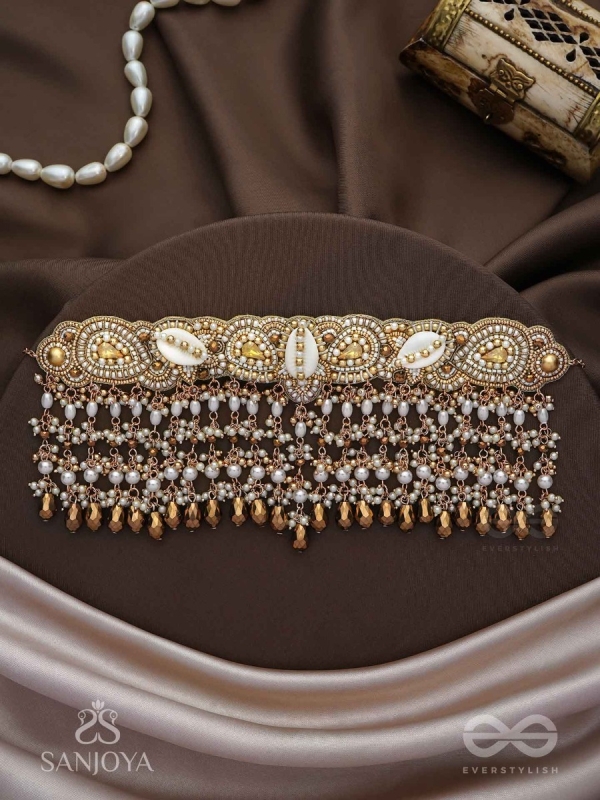 Prishit - Remnants Of The Raindrops- Stones, Beads, Glass Drops And Shells Hand Embroidered Choker Neckpiece