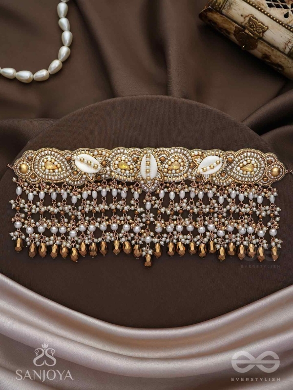 Prishit - Remnants Of The Raindrops- Stones, Beads, Glass Drops And Shells Hand Embroidered Choker Neckpiece