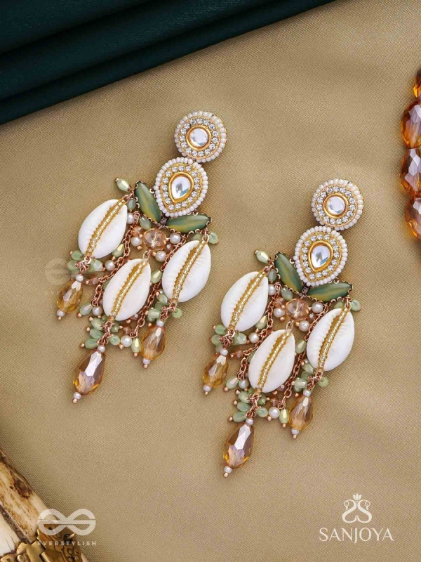 Divyaan- The Celestial Dreamdust- Shells, Beads, Polki And Kundan Finished Hand Embroidered Earrings