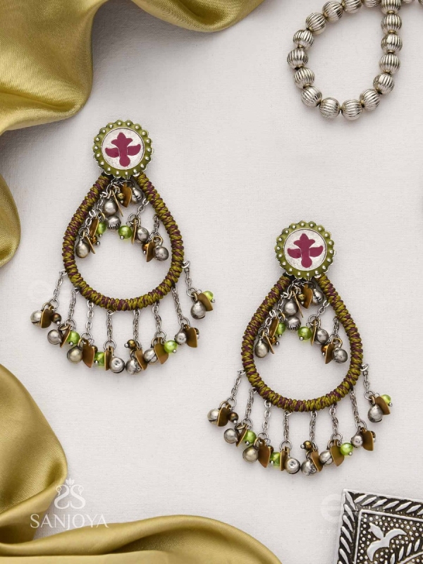 Haarit - The Olive Flutters - Beads Enamelled Oxidised Earrings