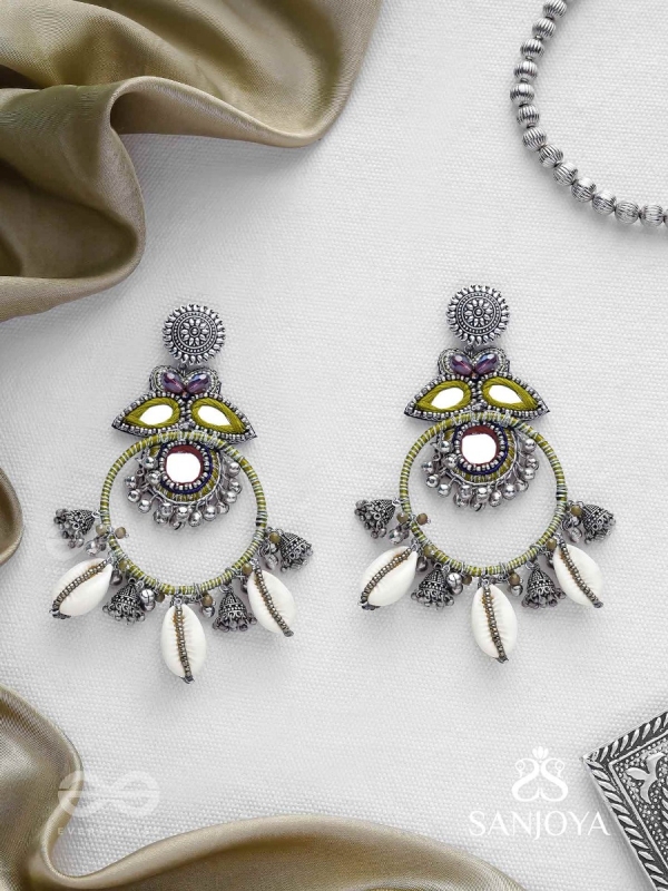 Dyuvani- The Coastal Grove- Mirror, Resham And Shells Hand Embroidered Earrings