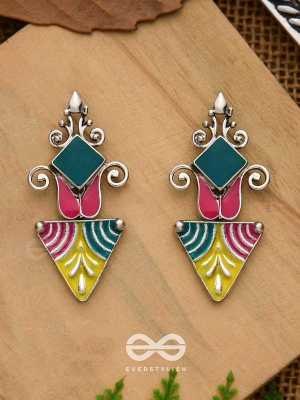 The Adorned Prisms- Enamelled Oxidised Ear Jackets (Red, Yellow And Green)