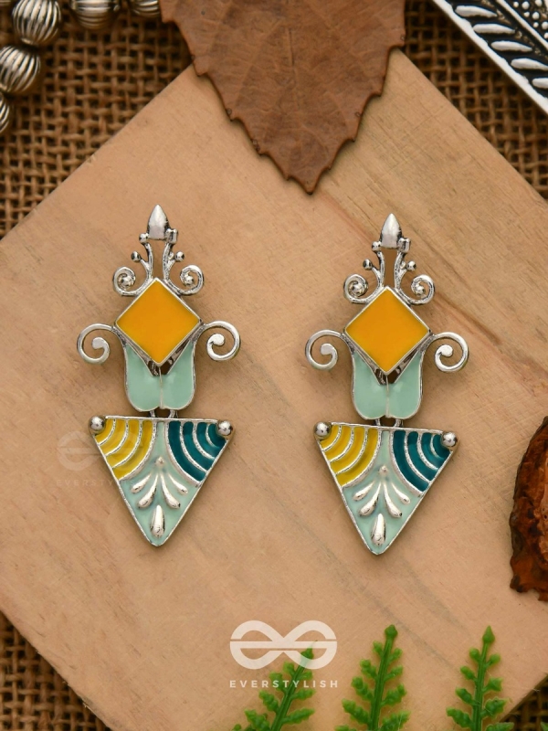 The Adorned Prisms- Enamelled Oxidised Ear Jackets (Yellow, Blue And Green)