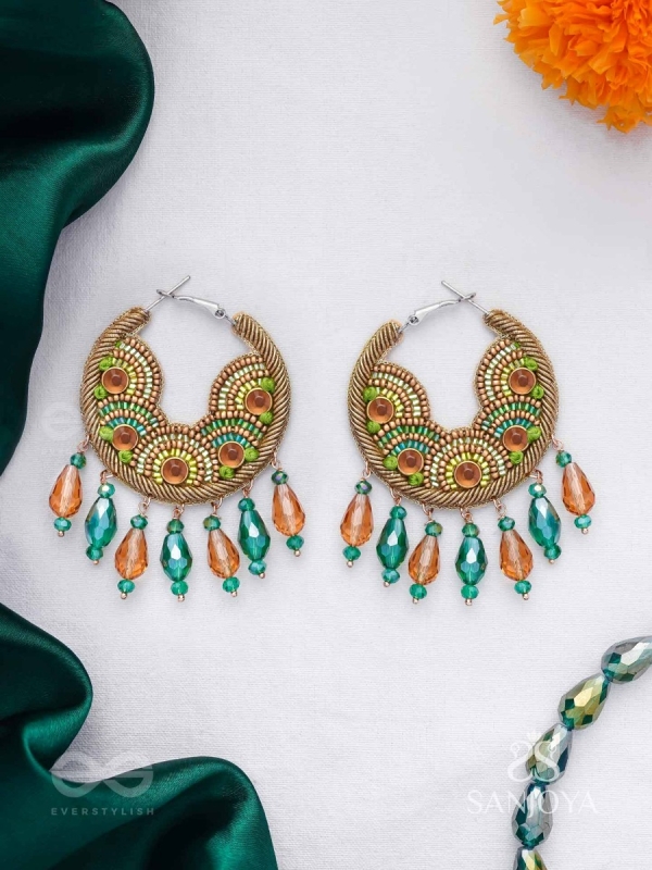 Kaldhvani - The Peacock Chirps - Stones, Beads And Glass Drops Hand Embroidered Hoop Earrings