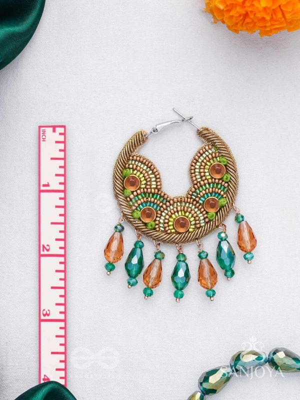 Kaldhvani - The Peacock Chirps - Stones, Beads And Glass Drops Hand Embroidered Hoop Earrings
