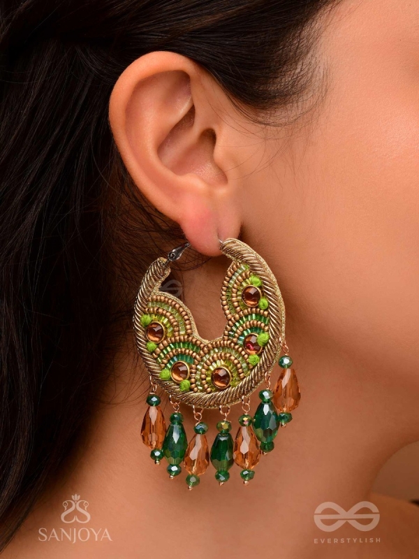 Kaldhvani - The Peacock Chirps - Stones, Beads And Glass Drops Hand Embroidered Hoop Earrings