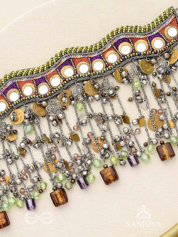 Dhaanshri- The Entrancing Music- Mirror, Beads And Coins Hand Embroidered Oxidised Choker Neckpiece