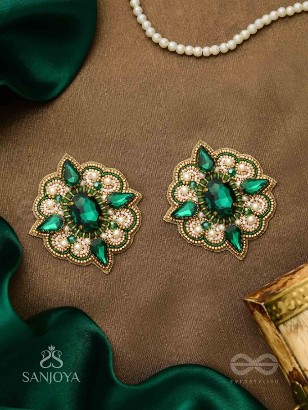Indranilak- The Emerald Fascination- Stones And Beads Hand Embroidered Earrings