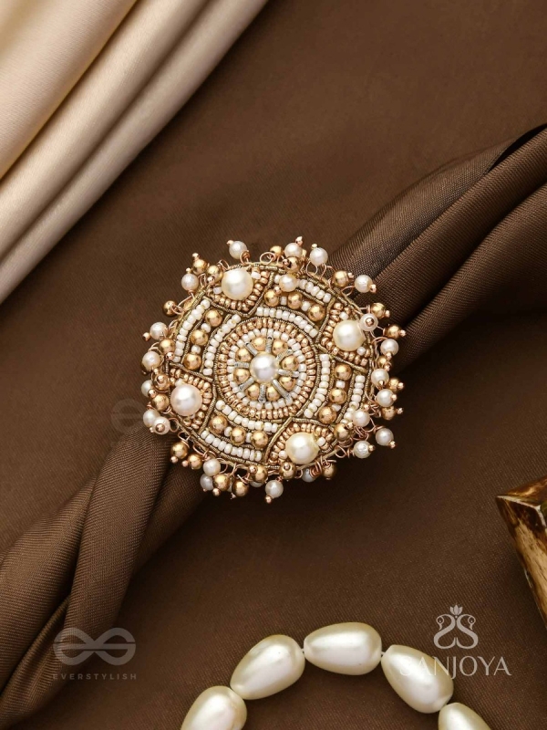 Atisrishti- The Dreamy Creation- Pearls And Beads Hand Embroidered Golden Ring (Adjustable)