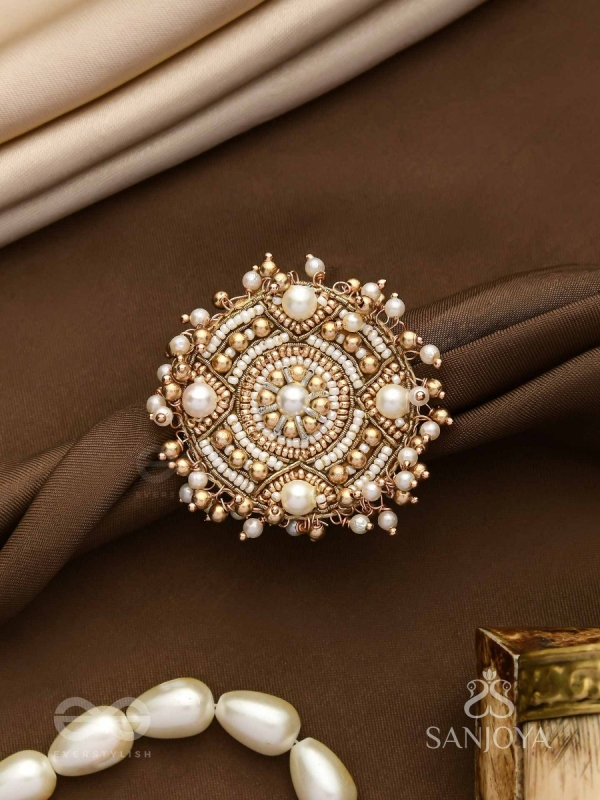 Atisrishti- The Dreamy Creation- Pearls And Beads Hand Embroidered Golden Ring (Adjustable)