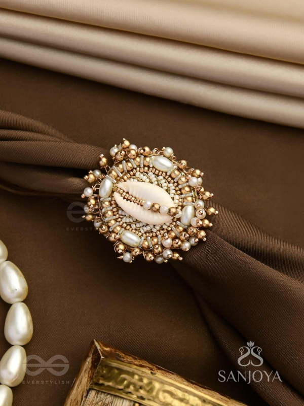 Pratisanshru - The Shore Promise - Shell And Beads Hand Embroidered Golden Ring (Adjustable)