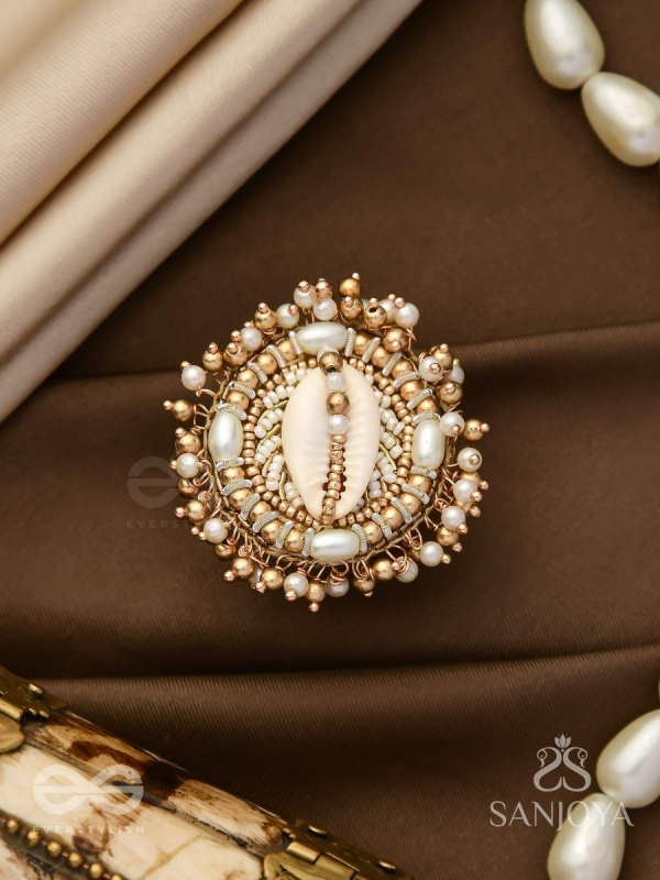 Pratisanshru - The Shore Promise - Shell And Beads Hand Embroidered Golden Ring (Adjustable)