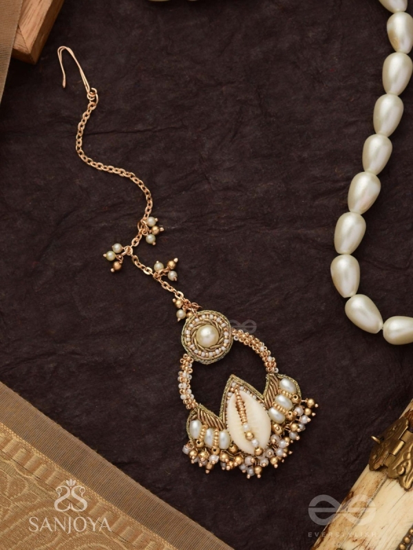 Nairjar - The Divine Blessing- Pearls, Shell And Beads Hand Embroidered Maangtika