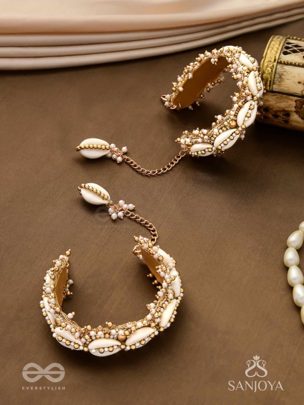 Arthogya  - The Marine Treasures - Shells And Beads Hand Embroidered Cuff Bracelets (Set Of 2)