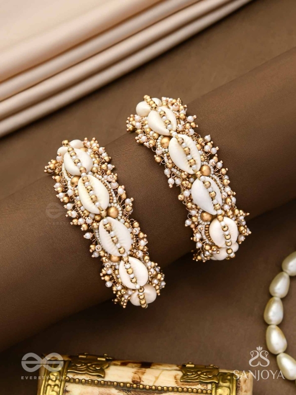 Arthogya  - The Marine Treasures - Shells And Beads Hand Embroidered Cuff Bracelets (Set Of 2)