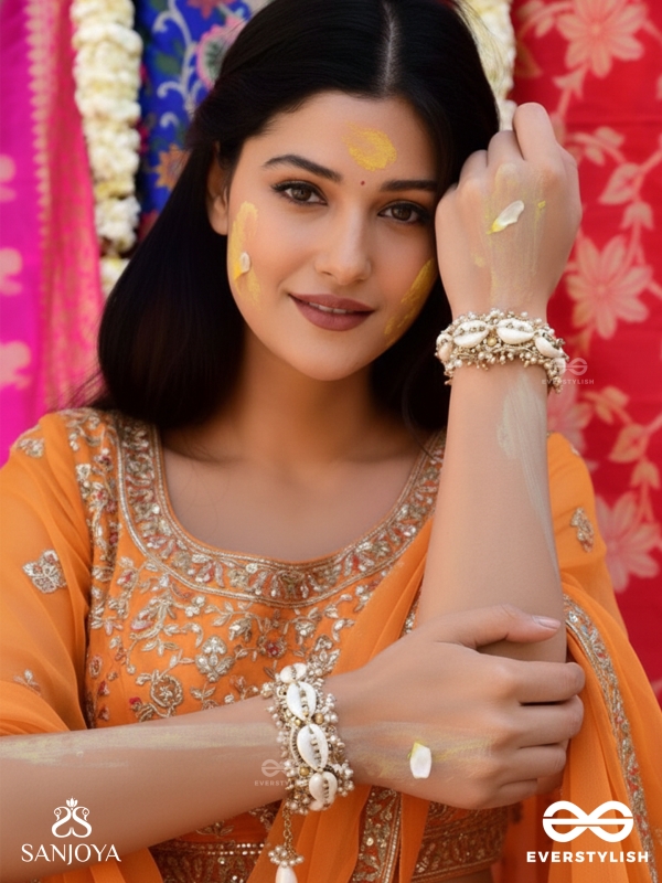 Arthogya  - The Marine Treasures - Shells And Beads Hand Embroidered Cuff Bracelets (Set Of 2)