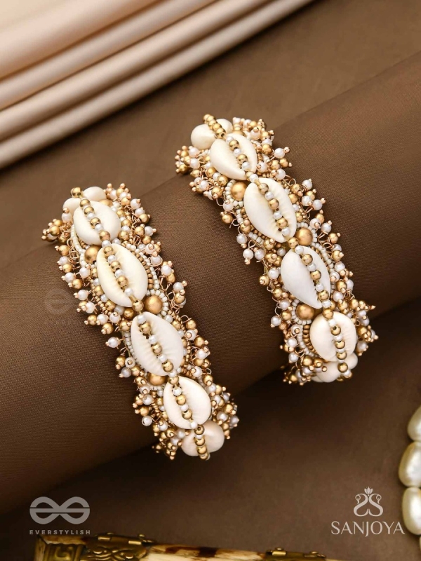 Arthogya  - The Marine Treasures - Shells And Beads Hand Embroidered Cuff Bracelets (Set Of 2)