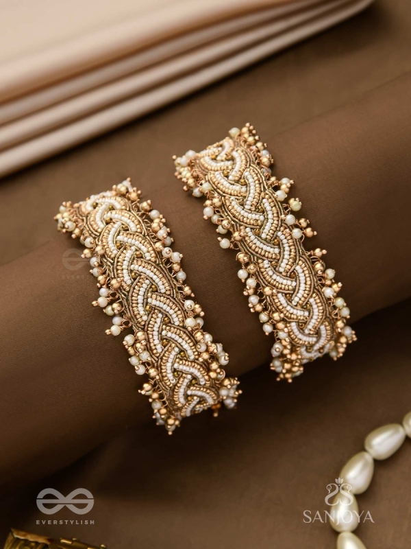 Kapardak - The Angel Braids - Beads, Shells And Glass Drops Hand Embroidered Cuff Bracelets (Set Of 2)