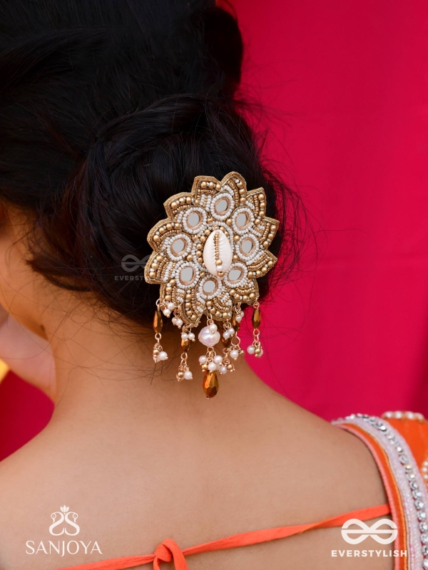 Prabhanjanam - The Stormy Reflectors - Shell, Mirrors And Glass Drops Hand Embroidered Hair Accessory