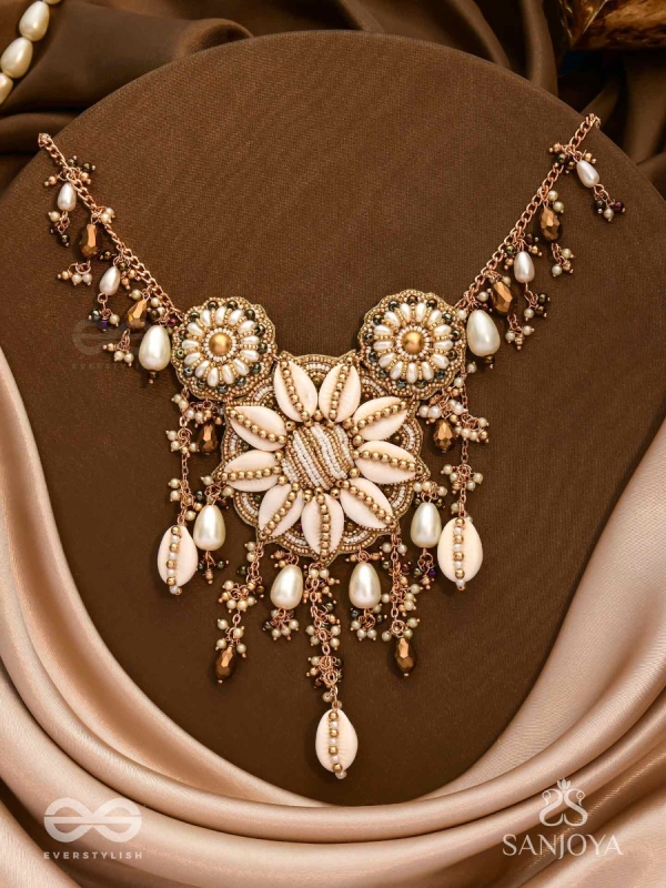 Anvadhya - The Splendid Divinity - Shells, Beads, Pearl And Glass Drops Hand Embroidered Neckpiece