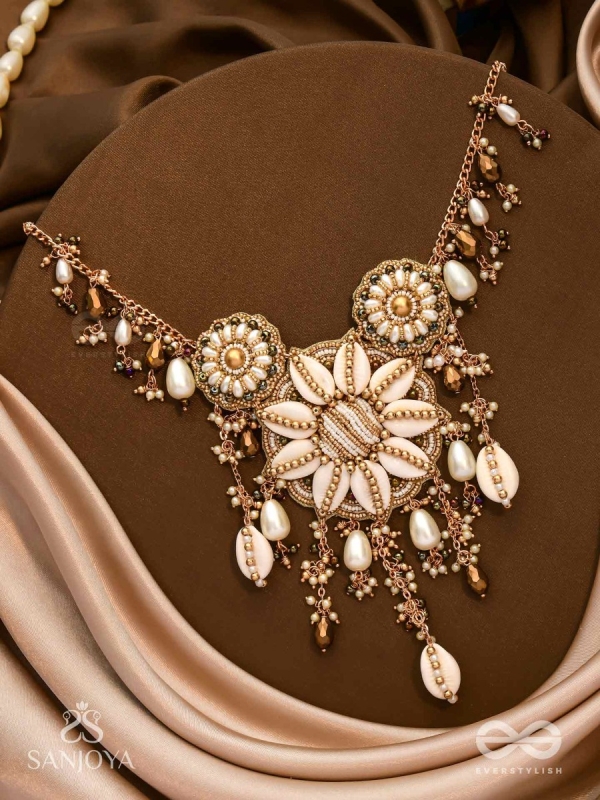 Anvadhya - The Splendid Divinity - Shells, Beads, Pearl And Glass Drops Hand Embroidered Neckpiece