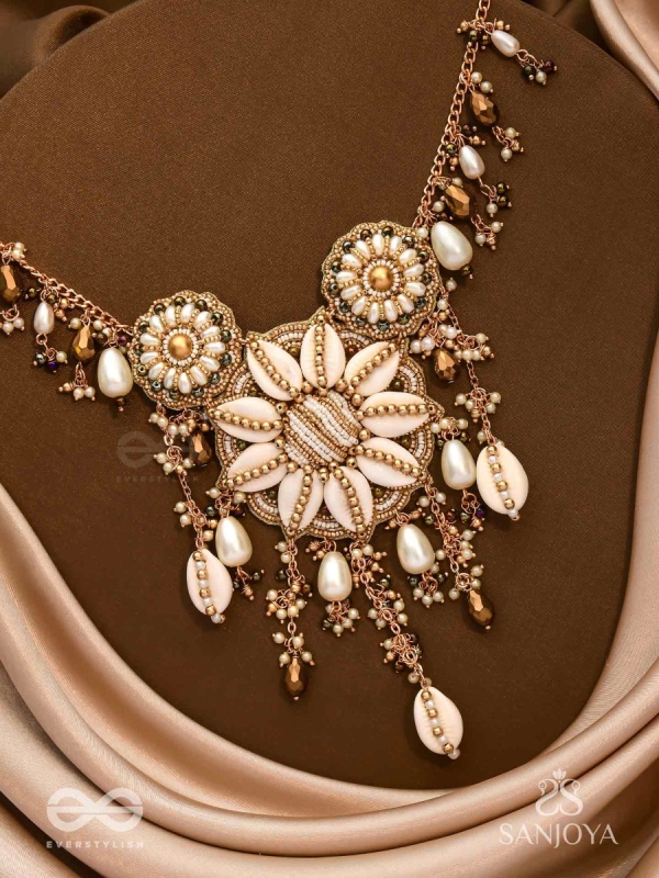 Anvadhya - The Splendid Divinity - Shells, Beads, Pearl And Glass Drops Hand Embroidered Neckpiece
