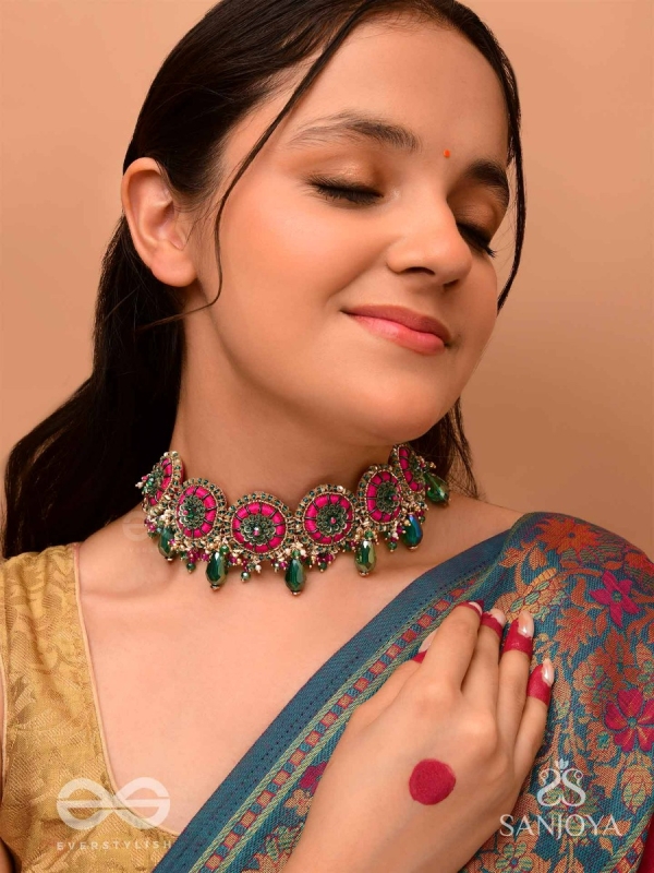 Sankirnau - The Floral Vine - Resham, Beads, Sequins And Glass Drops Hand Embroidered Choker Neckpiece