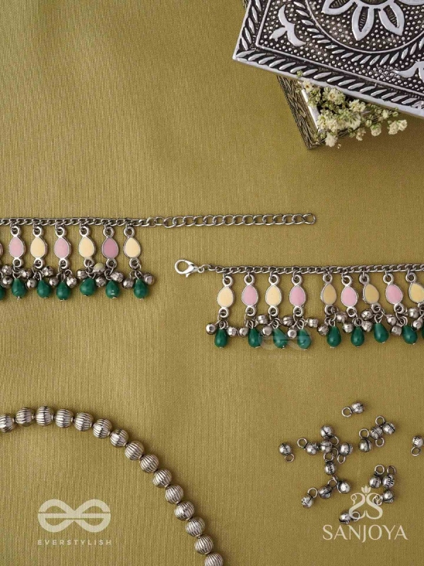 Kadkani - The Pastel Bells - Enamelled Oxidised Anklets (Set Of 2)