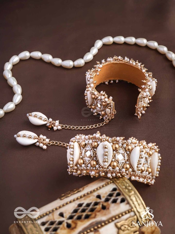 Prachurya - The Marine Abundance - Shells, Mirrors And Beads Hand Embroidered Cuff Bracelets (Set Of 2)