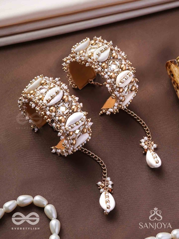Prachurya - The Marine Abundance - Shells, Mirrors And Beads Hand Embroidered Cuff Bracelets (Set Of 2)