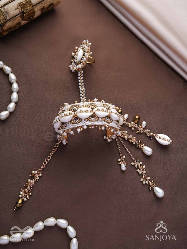 Vivriddhi - The Stream Of Prosperity - Shells, Beads, Glass And Pearl Drops Hand Embroidered Haathphool 