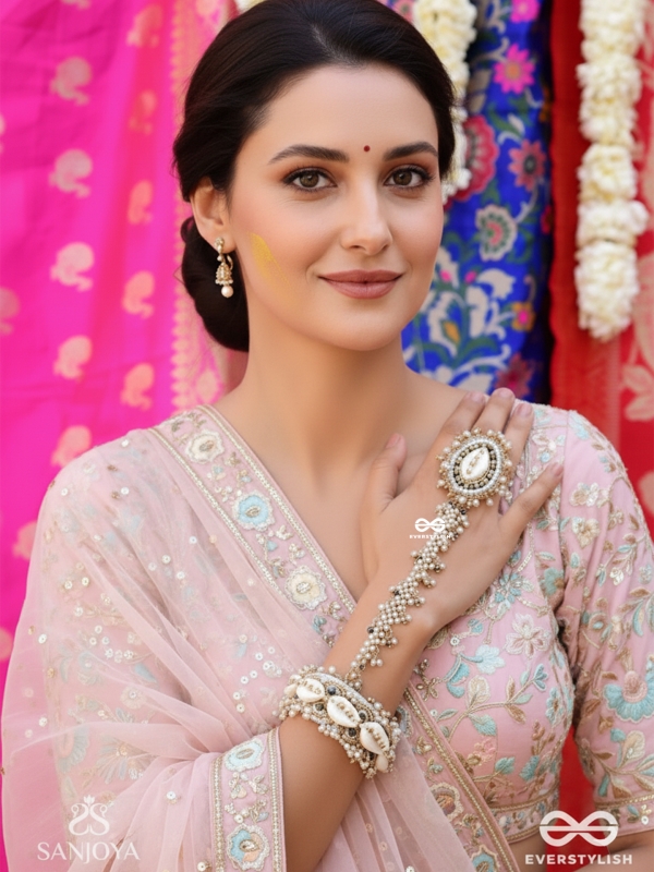 Vivriddhi - The Stream Of Prosperity - Shells, Beads, Glass And Pearl Drops Hand Embroidered Haathphool 