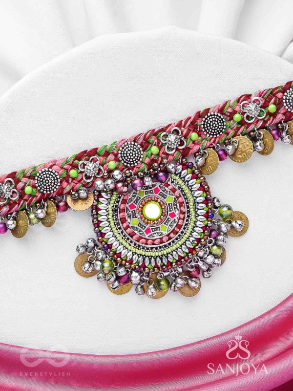 Mrigarsukt - The Hymns Of Flowers  - Resham, Coins And Beads Hand Embroidered Oxidised Choker Neckpiece