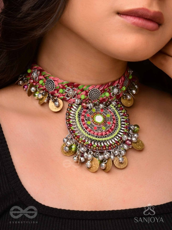 Mrigarsukt - The Hymns Of Flowers  - Resham, Coins And Beads Hand Embroidered Oxidised Choker Neckpiece