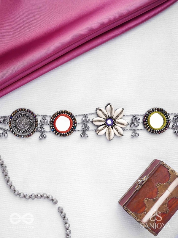 Pratibimban - The Spherical Reflection - Shells, Mirrors, Resham And Beads Hand Embroidered Oxidised Kamarbandh