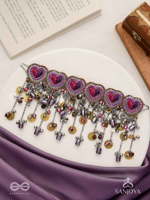 Prageet - Song Of The Hearts - Resham, Dabka, Beads And Coins Hand Embroidered Oxidised Choker Neckpiece