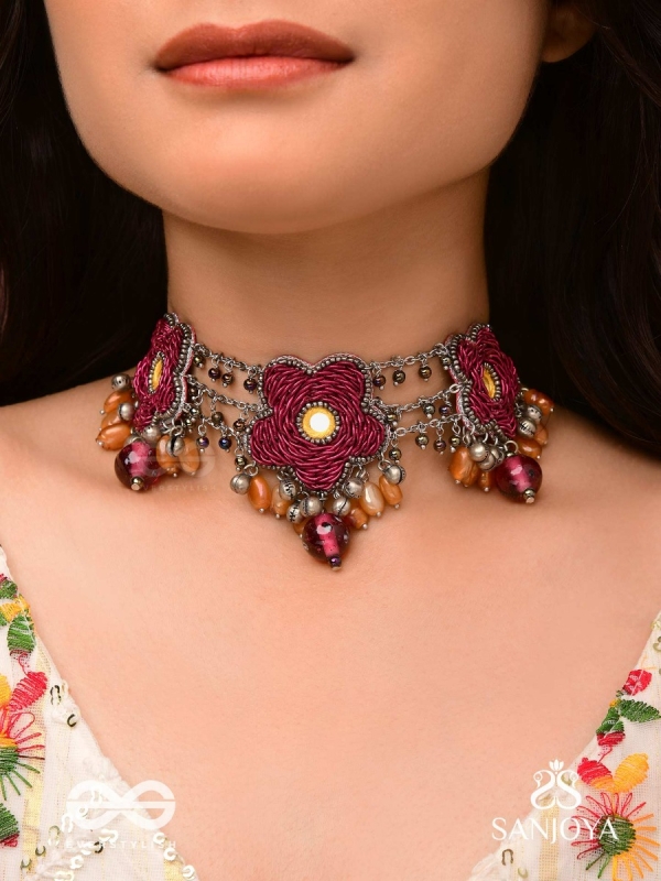 Sumanas - The Burgundy Flowers - Mirror, Resham, Dabka And Glass Drops Hand Embroidered Oxidised Choker Neckpiece