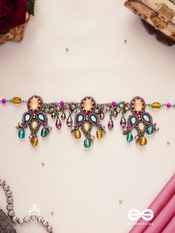 Bhramaparna - The Spell Of Stones - Stones, Mirror, Coins And Glass Drops Hand Embroidered Oxidised Choker Neckpiece