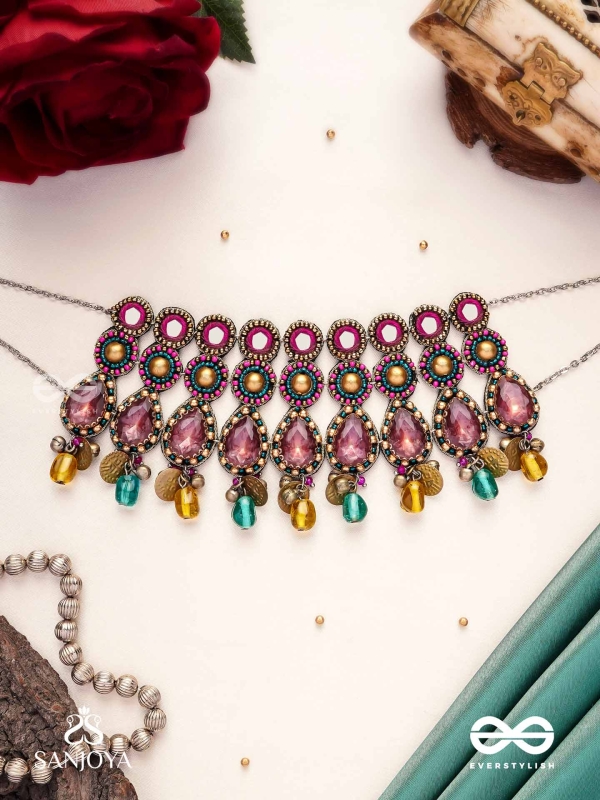 Vashikrit - The Hypnotic Tiers - Mirror, Stones, Coins And Glass Drops Hand Embroidered Oxidised Choker Neckpiece