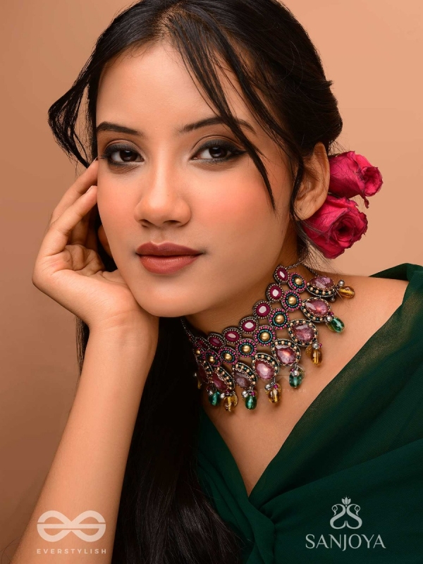 Vashikrit - The Hypnotic Tiers - Mirror, Stones, Coins And Glass Drops Hand Embroidered Oxidised Choker Neckpiece