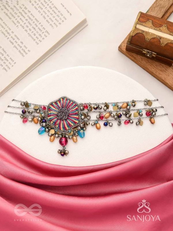 Shaleenta - The Shy Posy - Resham, Dabka And Glass Drops Hand Embroidered Oxidised Choker Neckpiece