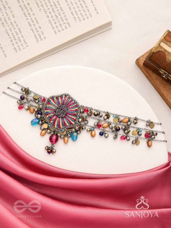 Shaleenta - The Shy Posy - Resham, Dabka And Glass Drops Hand Embroidered Oxidised Choker Neckpiece