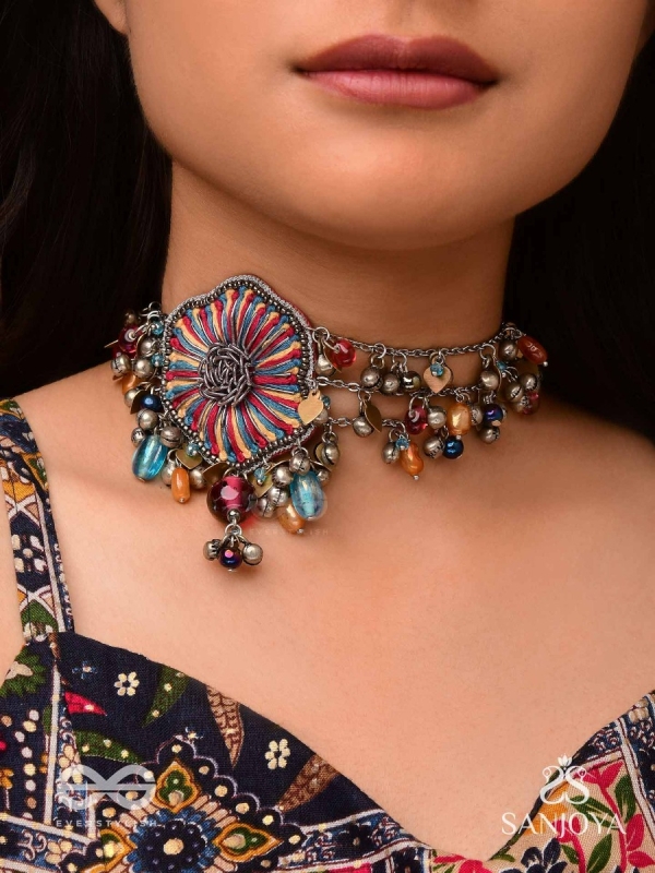 Shaleenta - The Shy Posy - Resham, Dabka And Glass Drops Hand Embroidered Oxidised Choker Neckpiece