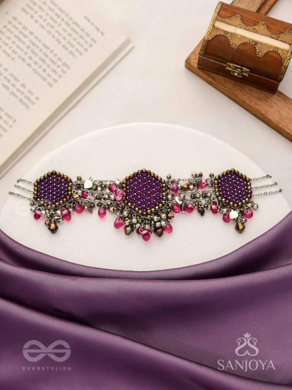 Sukhodaye - The Wine Honeycomb - Beads And Glass Drops Hand Embroidered Oxidised Choker Neckpiece