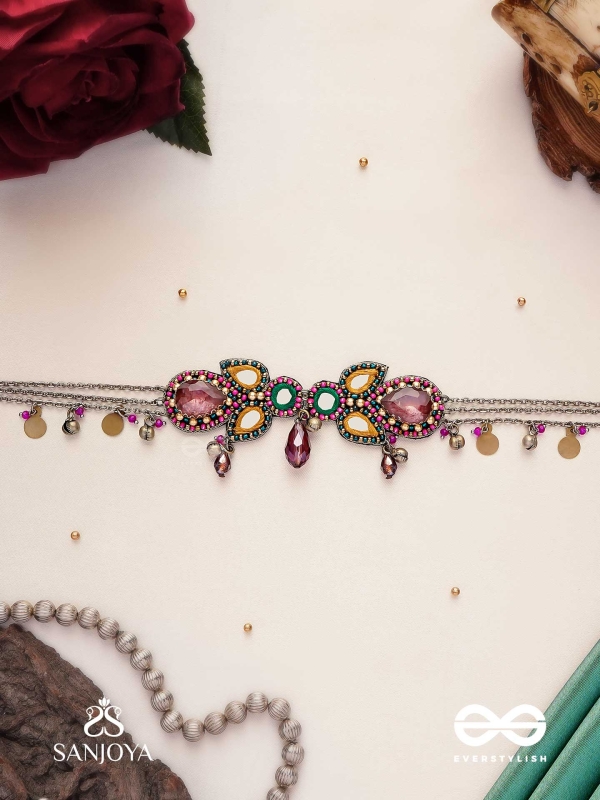 Vimohan - The Tempting Gaze - Stones, Mirror, Coins And Glass Drops Hand Embroidered Oxidised Choker Neckpiece