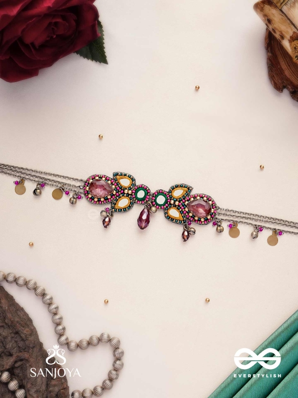 Vimohan - The Tempting Gaze - Stones, Mirror, Coins And Glass Drops Hand Embroidered Oxidised Choker Neckpiece