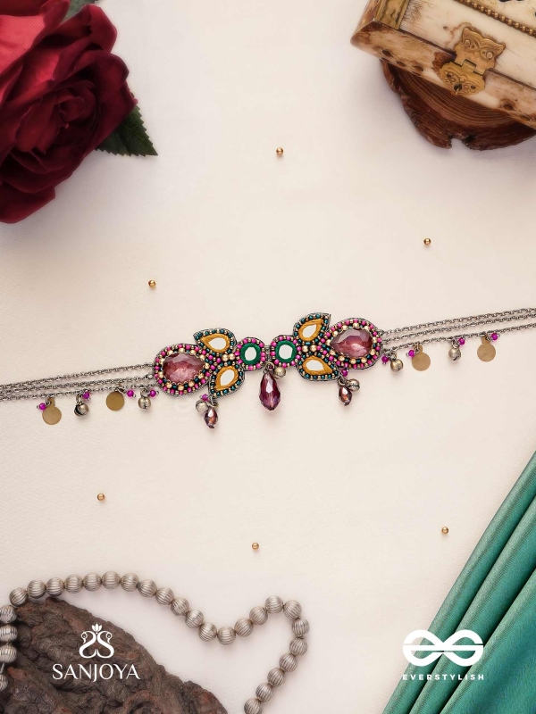 Vimohan - The Tempting Gaze - Stones, Mirror, Coins And Glass Drops Hand Embroidered Oxidised Choker Neckpiece